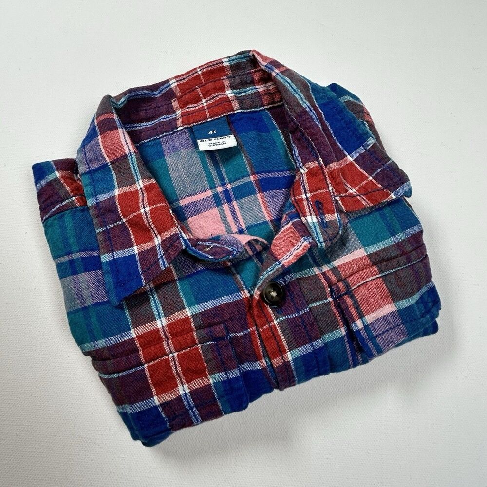 Old Navy Retro Shirt Short Sleeve Linen Cotton Plaid Red Blue Pockets Boys 4T - Picture 9 of 10